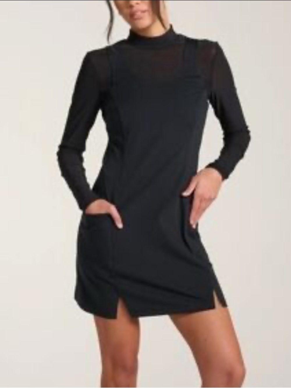 Bad Birdie Black Mini Mock-Neck Performance Dress with sheer sleeves